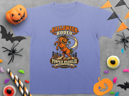 Purple t-shirt with "Halloween Rodeo Pumpkin Wrangler" design featuring a pumpkin horse and moon.