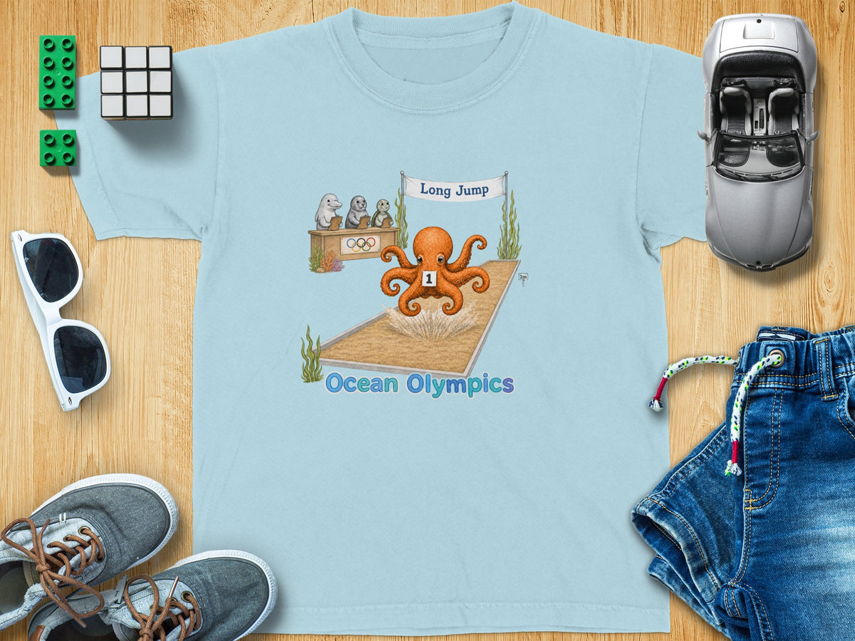 Light blue t-shirt with an octopus long-jumping, "Ocean Olympics" text.