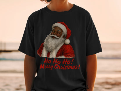 Black t-shirt with Santa Claus graphic and text "Ho Ho Ho! Merry Christmas!"