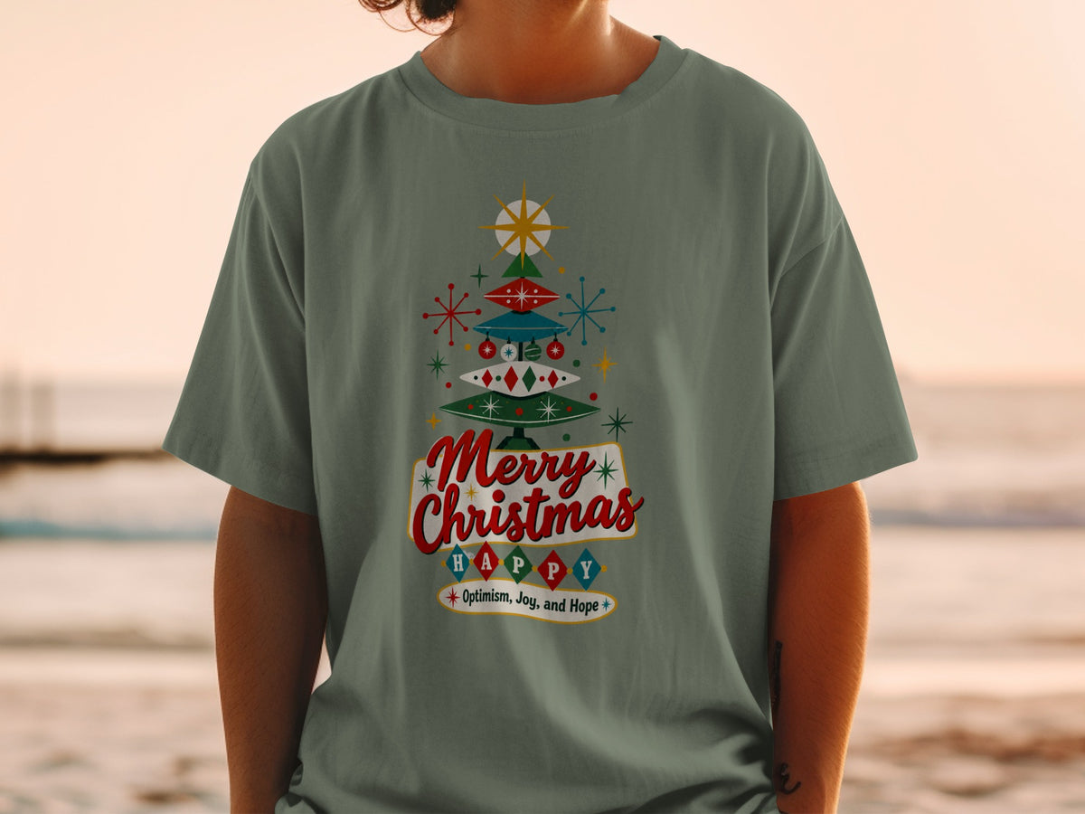 Green t-shirt with a retro Christmas tree graphic and "Merry Christmas Happy" text.