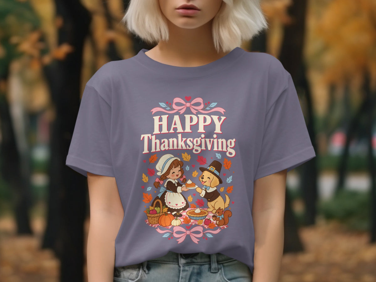 "Happy Thanksgiving" text with cartoon pilgrim girl and dog sharing pie.