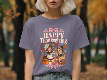 "Happy Thanksgiving" text with cartoon pilgrim girl and dog sharing pie.