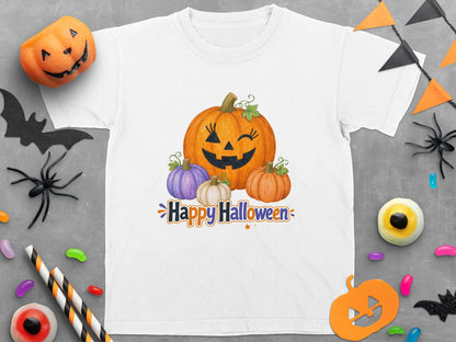 White t-shirt with pumpkins and "Happy Halloween" text.