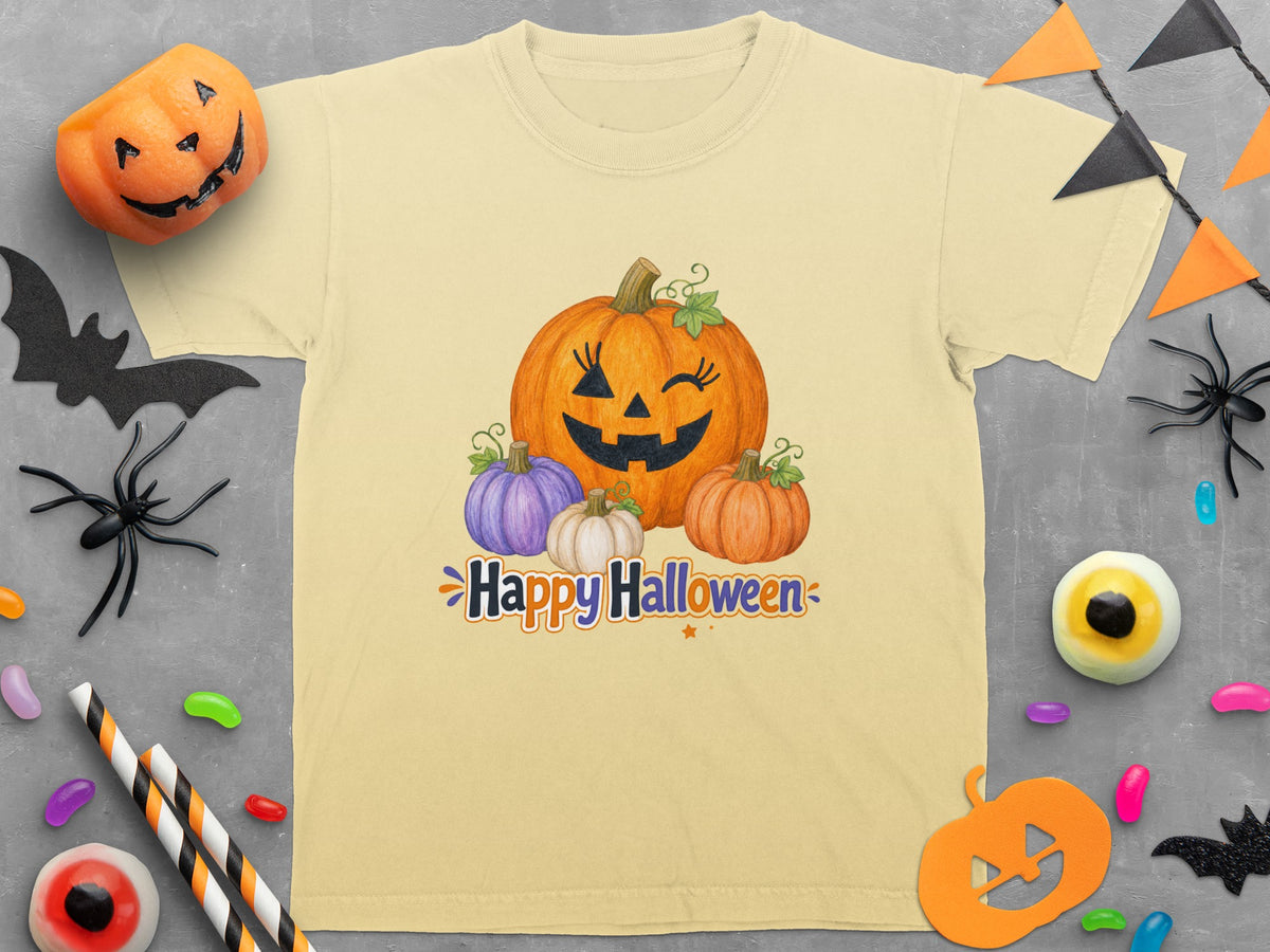 Light yellow t-shirt with watercolor pumpkins and "Happy Halloween" text.