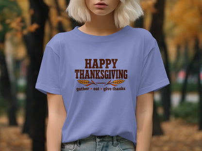 Purple t-shirt with "Happy Thanksgiving" text, wheat, and "gather eat give thanks".