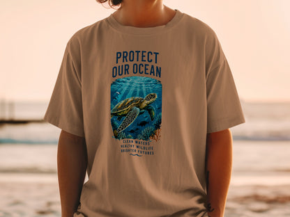 T-shirt with "PROTECT OUR OCEAN" and sea turtle graphic.
