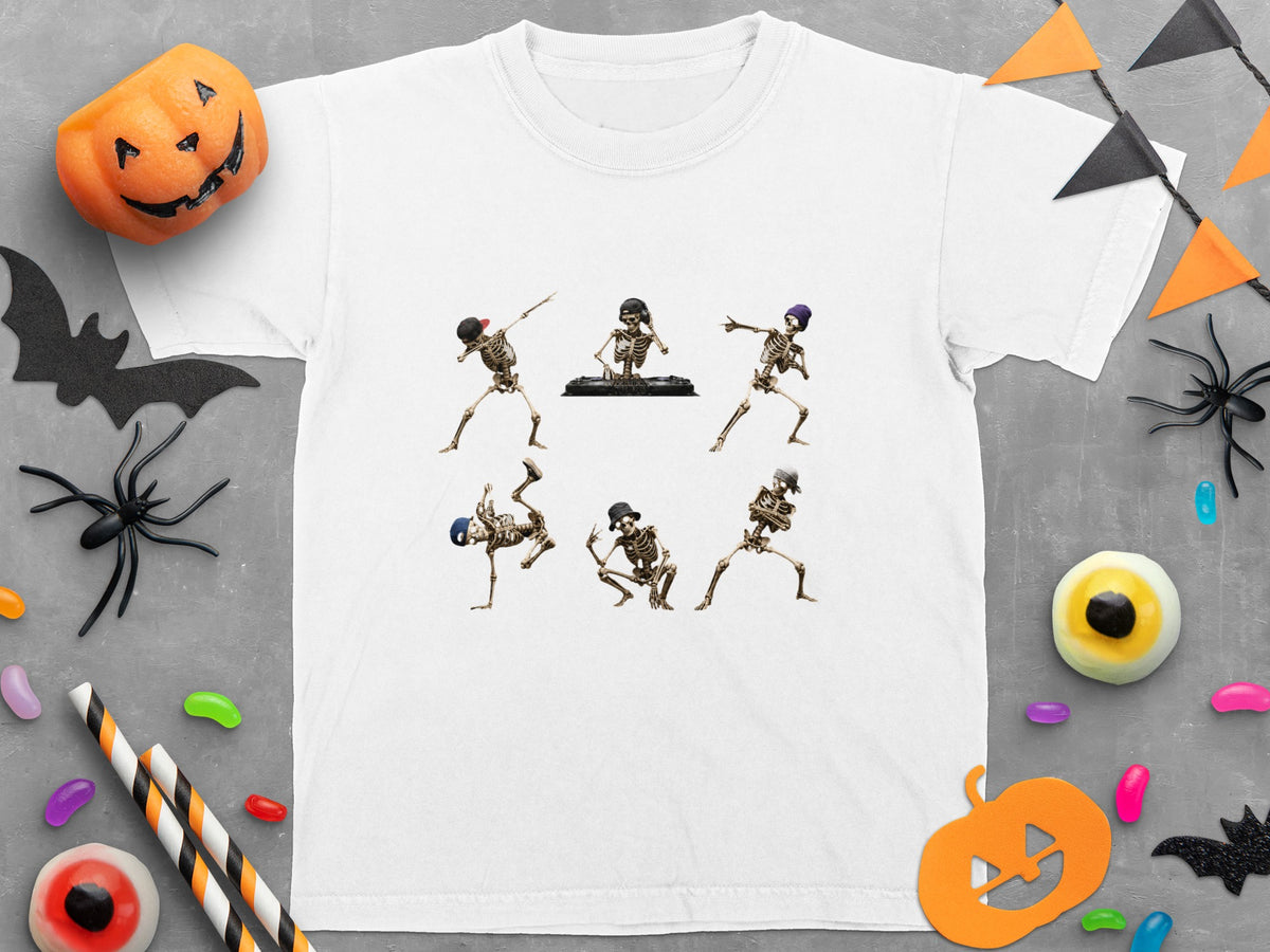White t-shirt with six dancing skeletons and Halloween decorations.