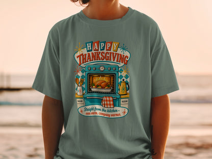 Happy Thanksgiving graphic with oven-roasted turkey and text.