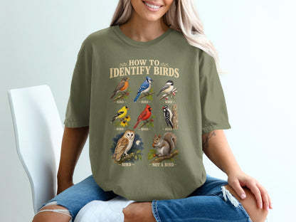 T-shirt with "How to Identify Birds" and illustrations of birds and a squirrel.