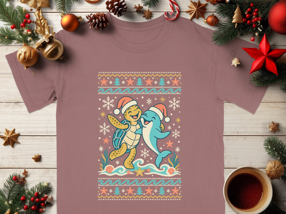 Turtle and dolphin wearing Santa hats with a festive ocean-themed ugly Christmas sweater design.