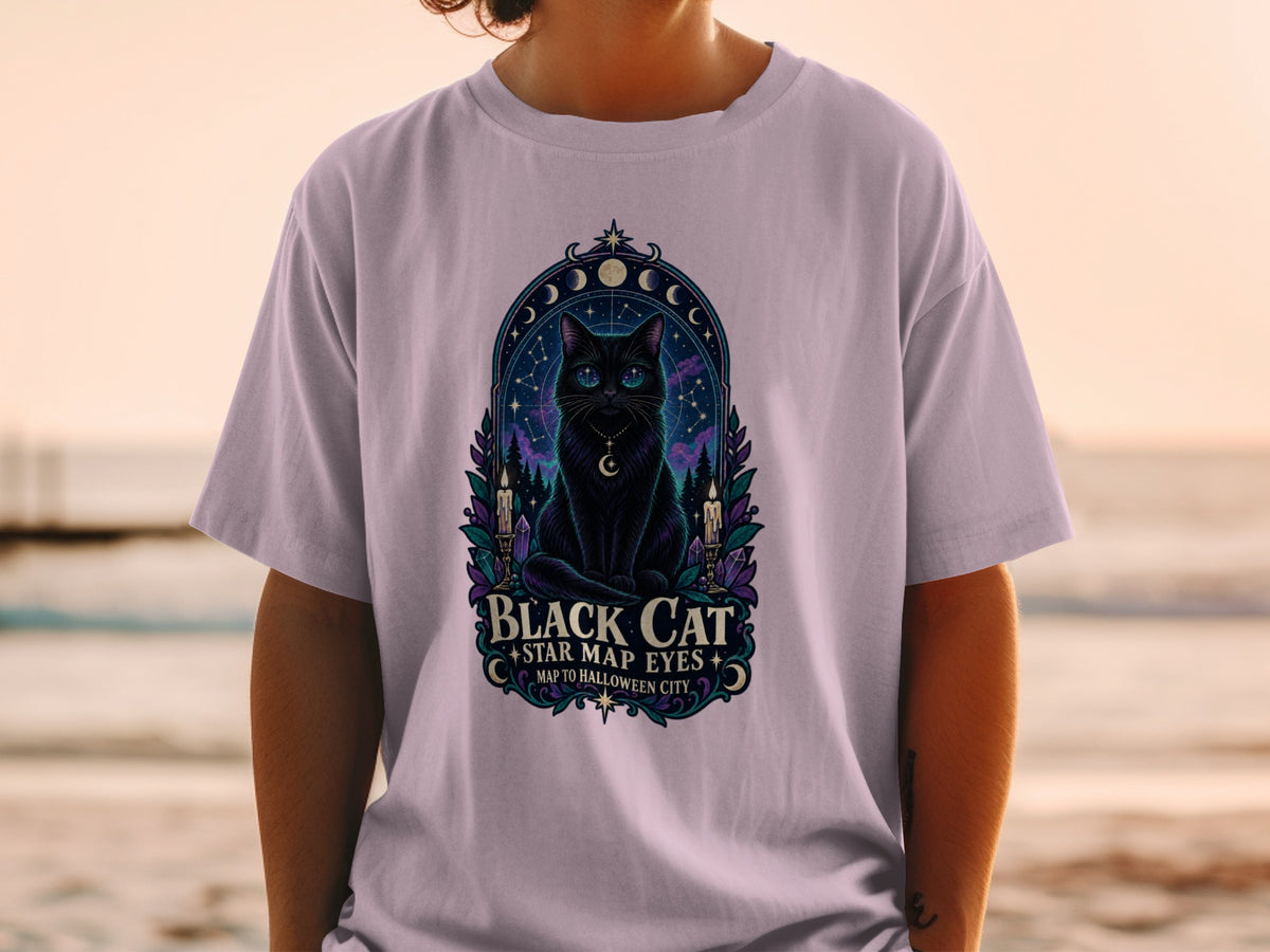 T-shirt with a black cat wearing a crescent moon pendant, "Black Cat Star Map Eyes" text.