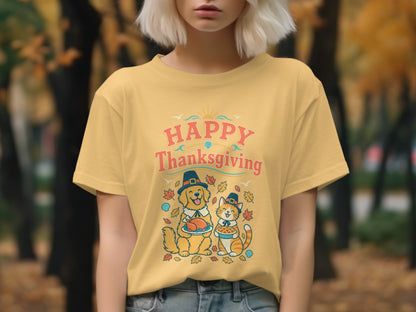 Yellow t-shirt with "Happy Thanksgiving" text and cartoon dog and cat.