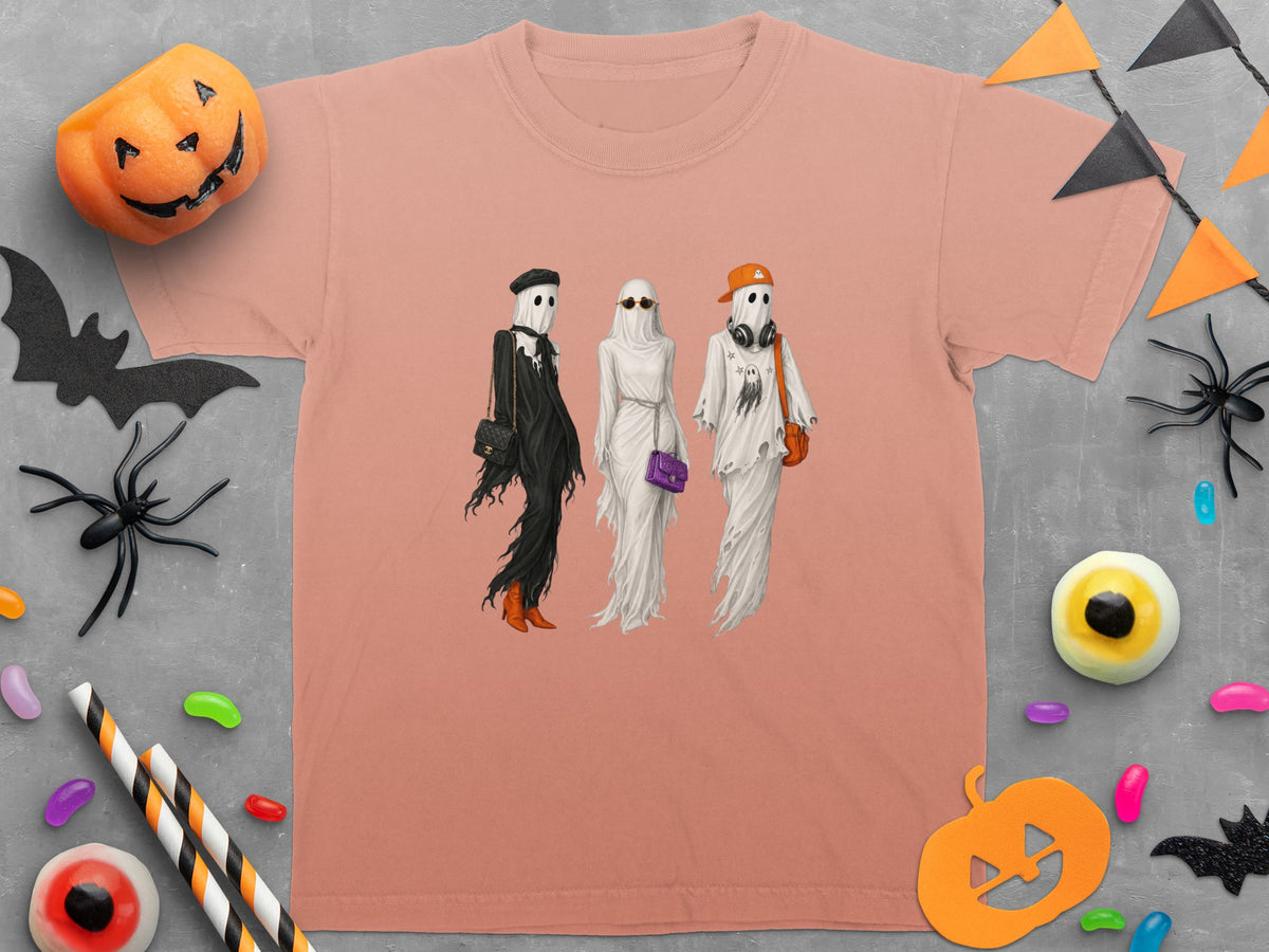 T-shirt with three stylized ghosts in fashionable Halloween attire.