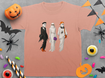 T-shirt with three stylized ghosts in fashionable Halloween attire.