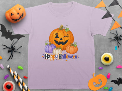 Light purple t-shirt with Halloween pumpkins and "Happy Halloween" text graphic.
