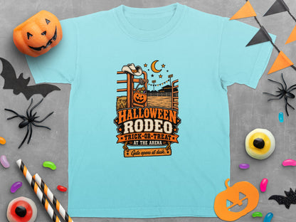 Light blue t-shirt with "Halloween Rodeo Trick-or-Treat at the Arena" graphic.
