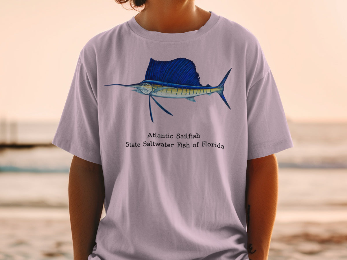 Atlantic Sailfish, Florida State Saltwater Fish graphic on purple t-shirt.
