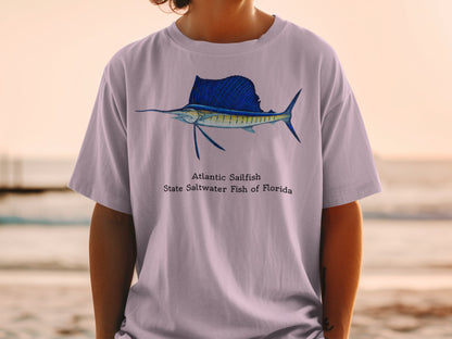 Atlantic Sailfish, Florida State Saltwater Fish graphic on purple t-shirt.