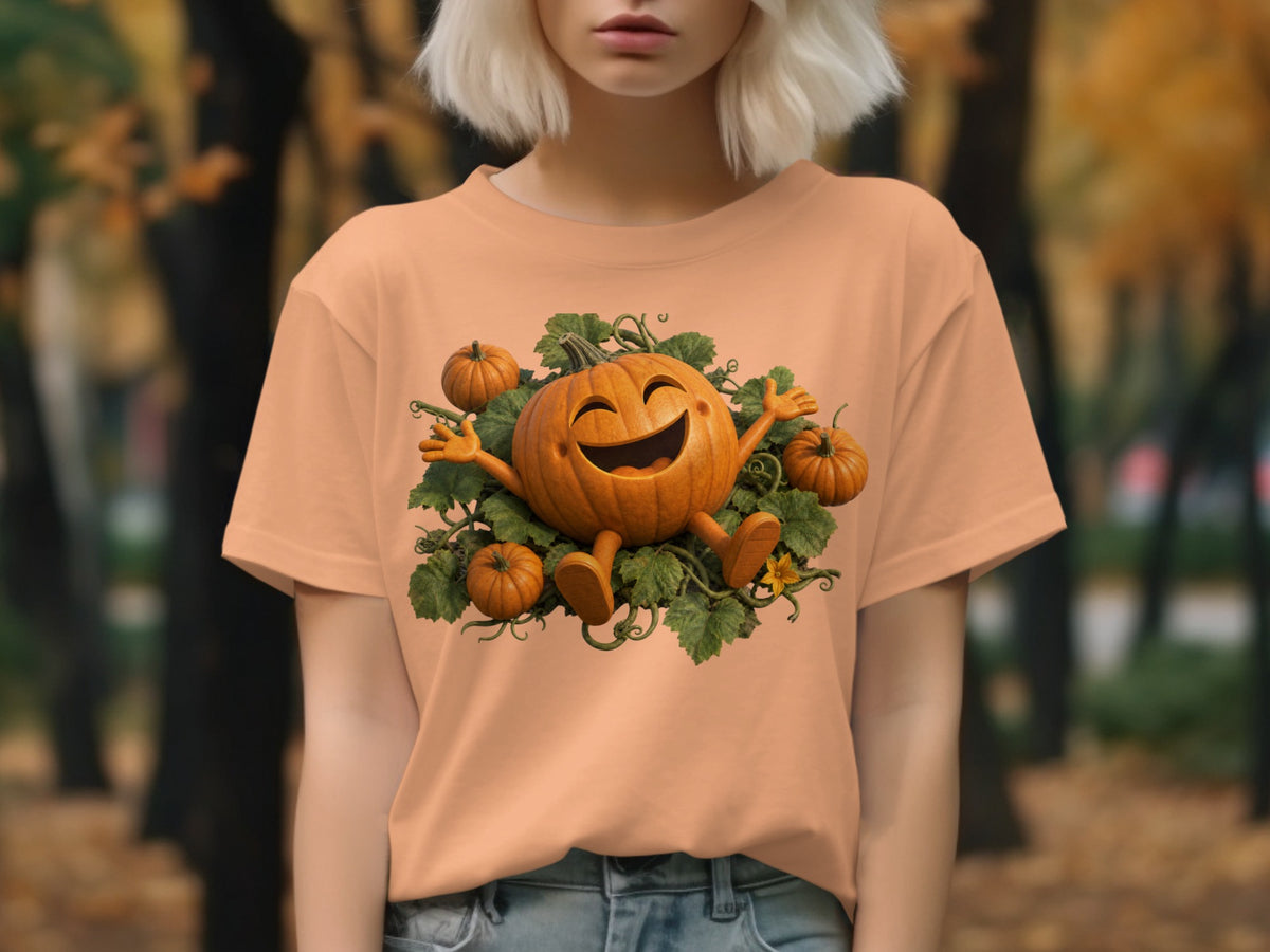 Happy cartoon pumpkin with arms and legs surrounded by leaves and smaller pumpkins.