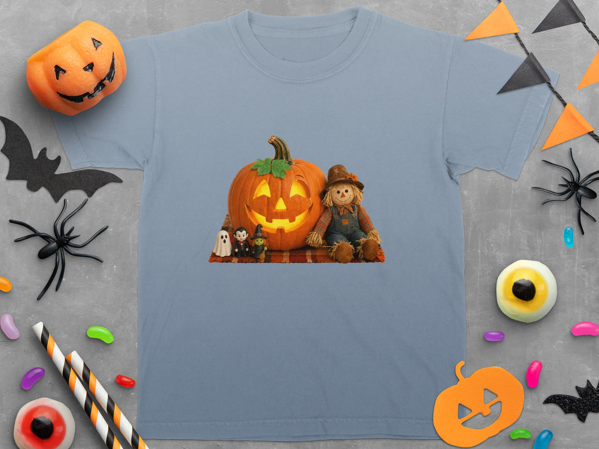 Jack-o'-lantern, scarecrow, and tiny Halloween figures on a t-shirt.