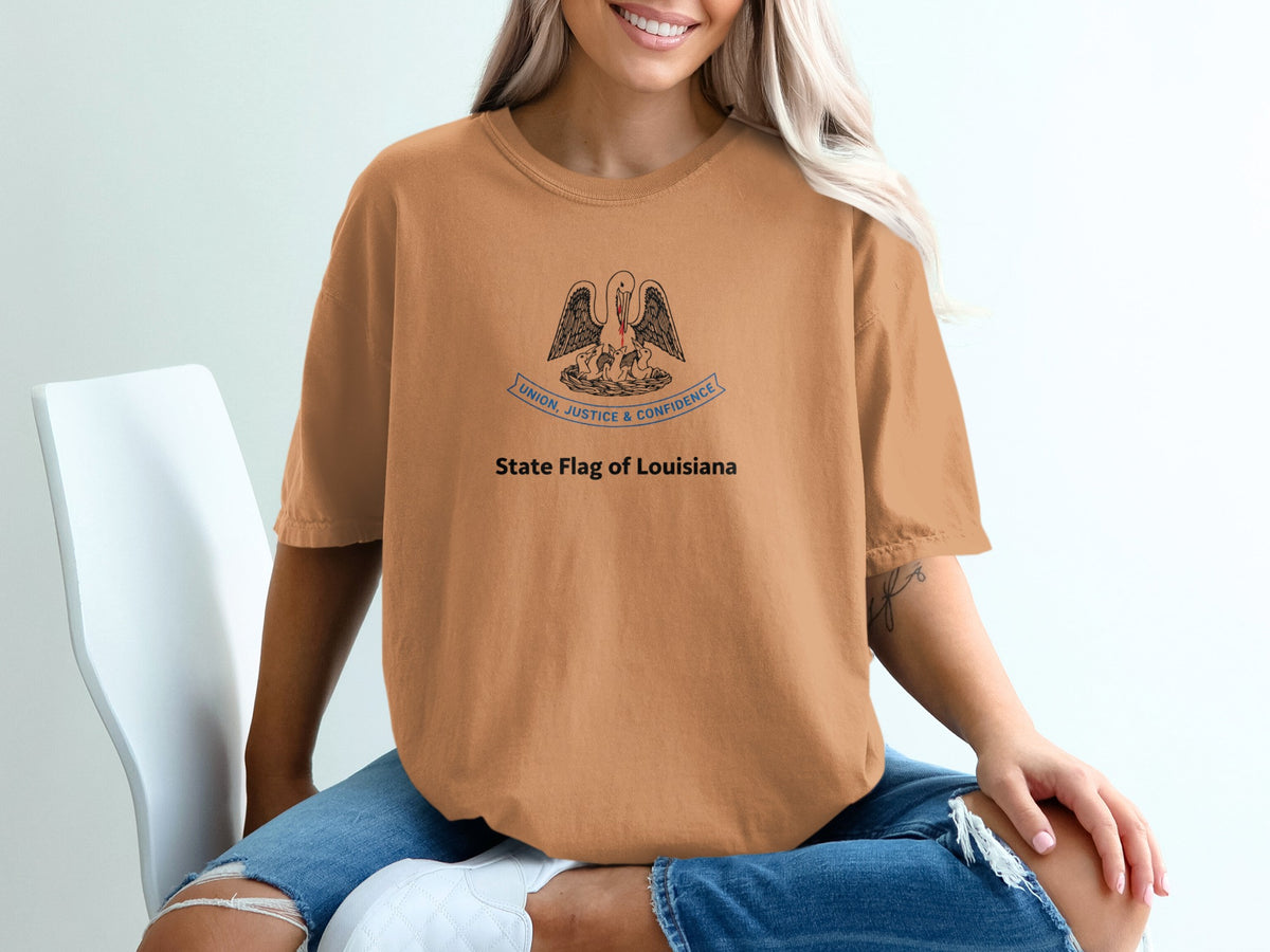 T-shirt with Louisiana state flag design and text "UNION. JUSTICE & CONFIDENCE".