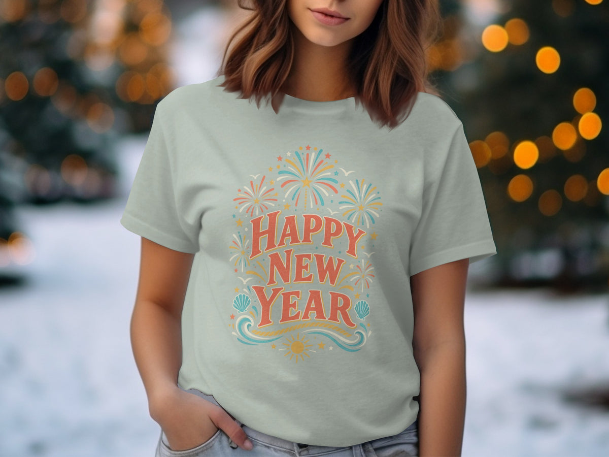 Light blue t-shirt with "Happy New Year" text and fireworks graphic.