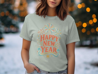 Light blue t-shirt with "Happy New Year" text and fireworks graphic.