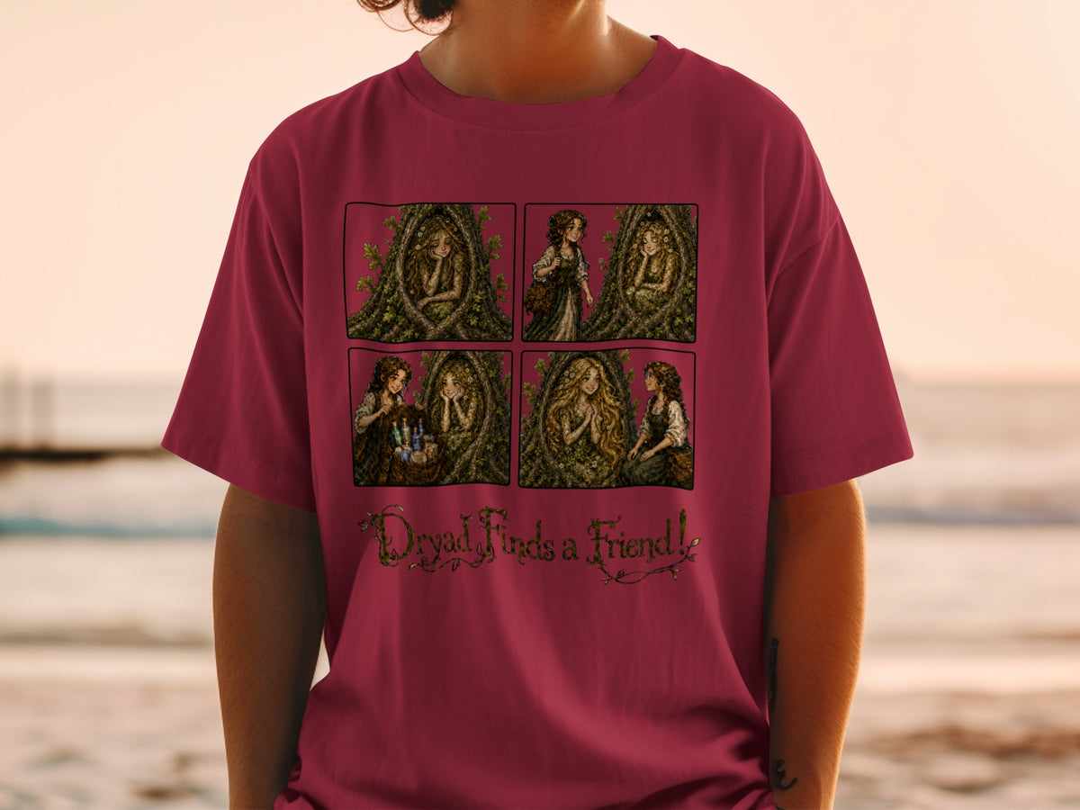 T-shirt graphic: four panels of a dryad finding a friend, text says "Dryad Finds a Friend!"