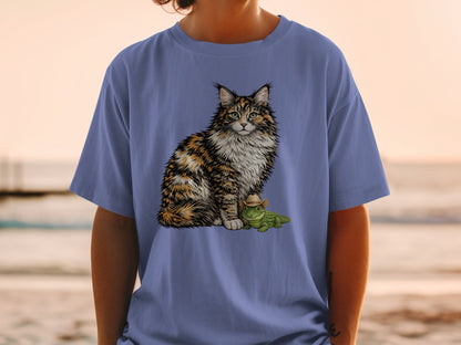A person wearing a periwinkle blue t-shirt printed with a fluffy calico cat and a tiny alligator wearing a cowboy hat.