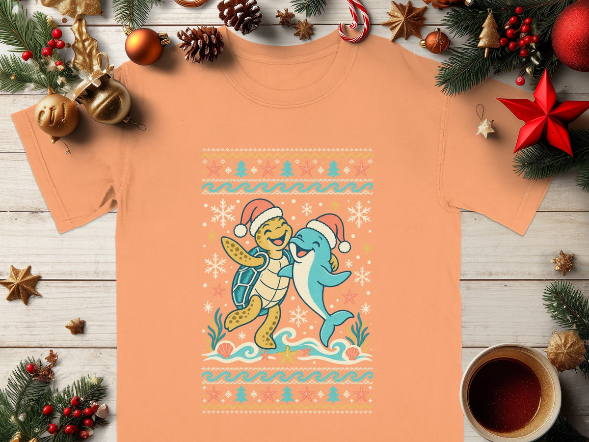 Coral t-shirt with a cartoon turtle and dolphin wearing Santa hats and hugging.