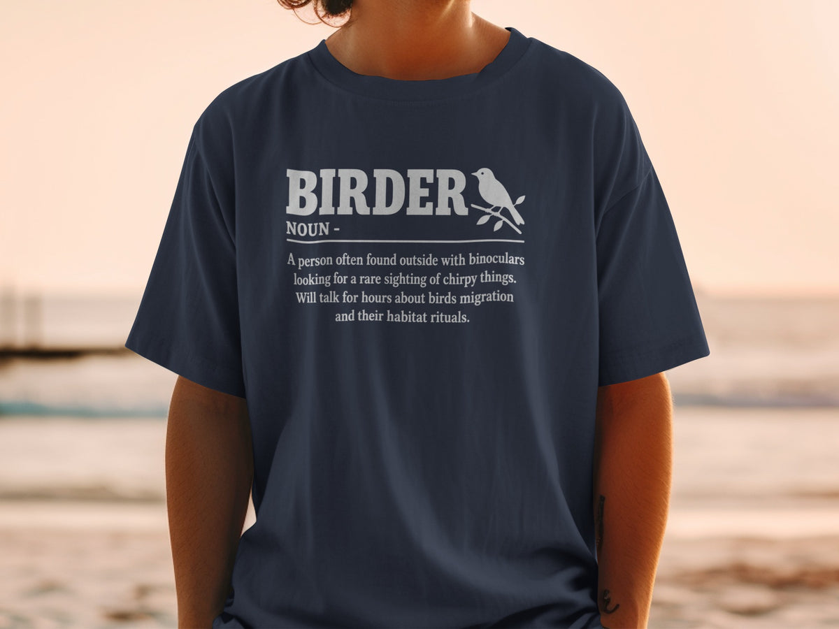 Navy t-shirt with text defining "Birder" and a bird illustration.