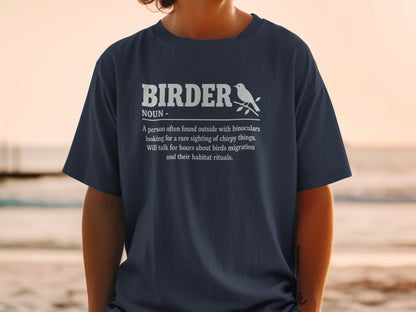 Navy t-shirt with text defining "Birder" and a bird illustration.