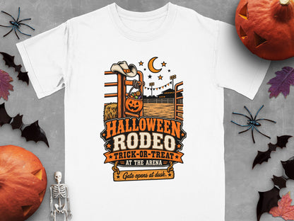 Halloween Rodeo Trick-or-Treat graphic with rodeo fence, pumpkin, and cowboy hat.