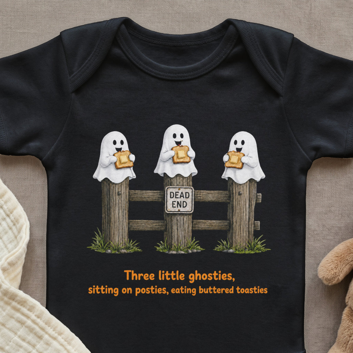 Three little ghosties eating toast on posts with a "Dead End" sign.