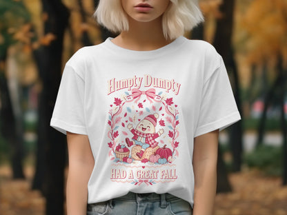 White t-shirt with "Humpty Dumpty Had a Great Fall" graphic featuring an egg character.