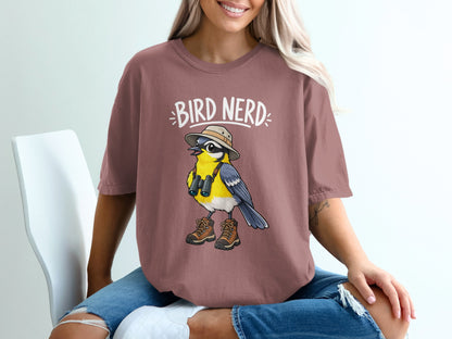 Bird Nerd t-shirt with cartoon bird wearing hat, binoculars, and boots.