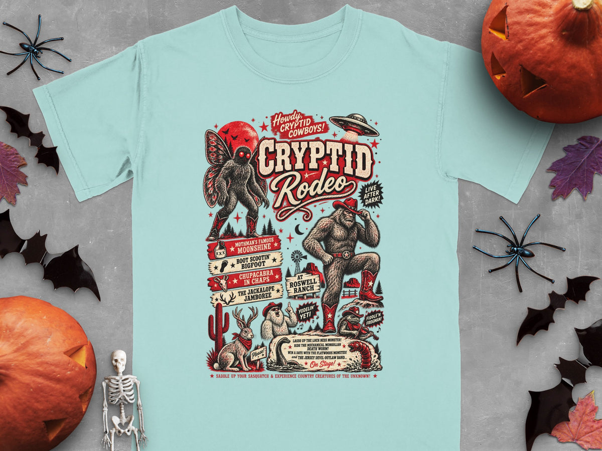 Light blue t-shirt with Cryptid Rodeo graphic featuring Bigfoot, Mothman, and other mythical creatures.