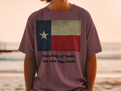 Burgundy t-shirt with faded Texas state flag and text "State Flag of Texas, the Lone Star State."