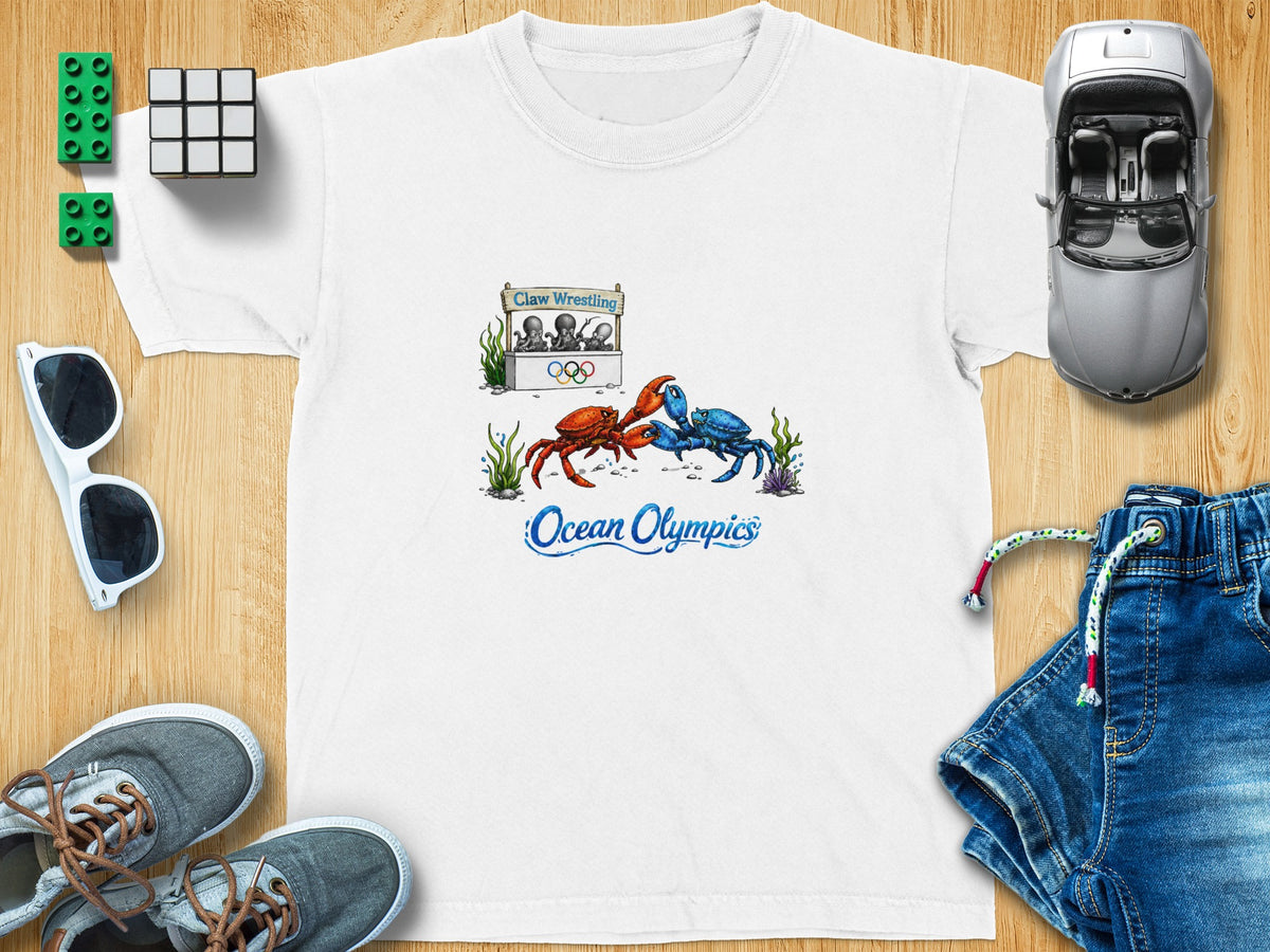 White t-shirt with a colorful graphic of two crabs wrestling under a "Claw Wrestling" sign.