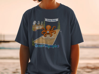 T-shirt graphic: Octopus competing in a long jump at the Ocean Olympics.