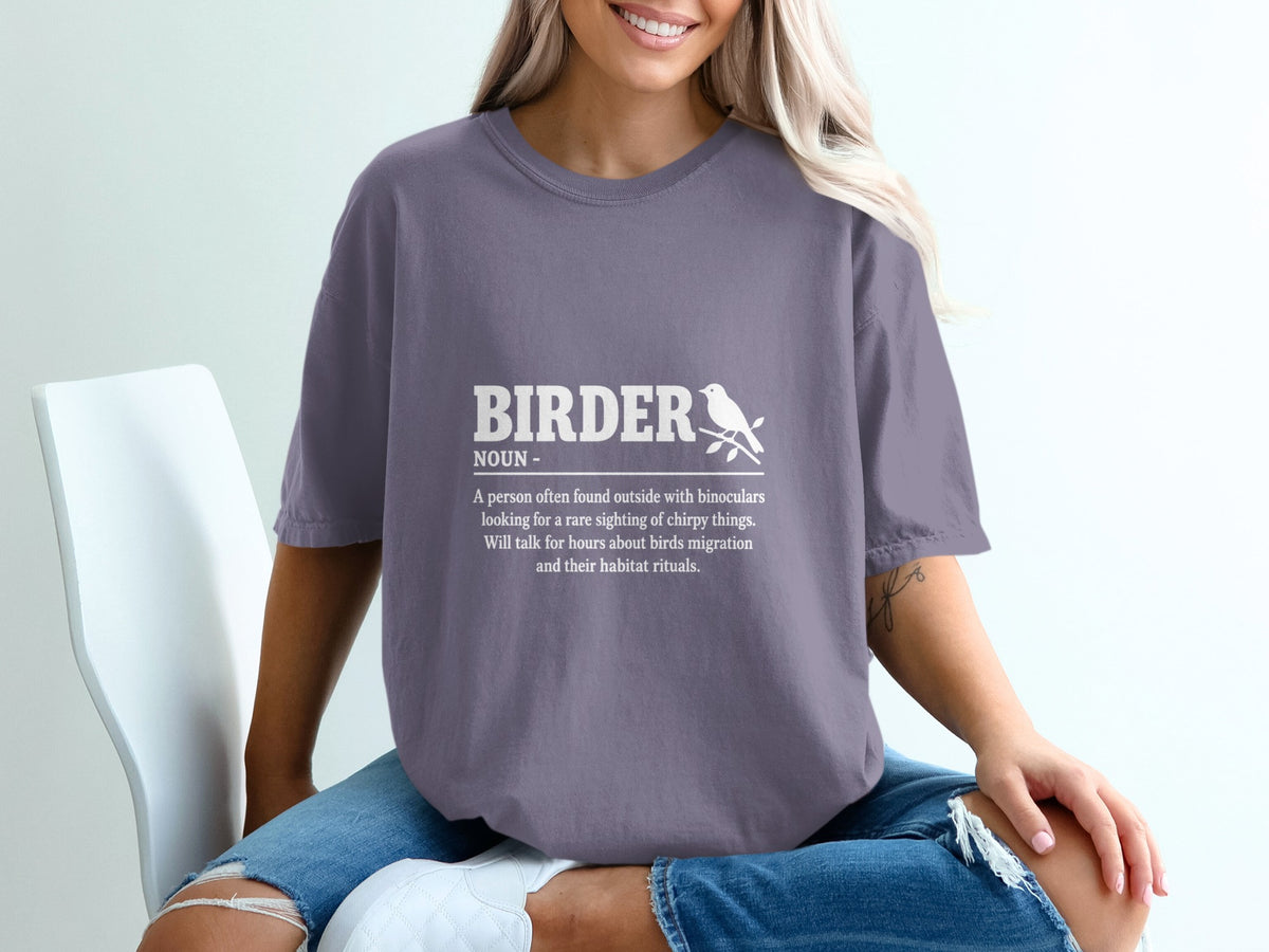 Purple t-shirt with white text defining "Birder" and a bird silhouette.