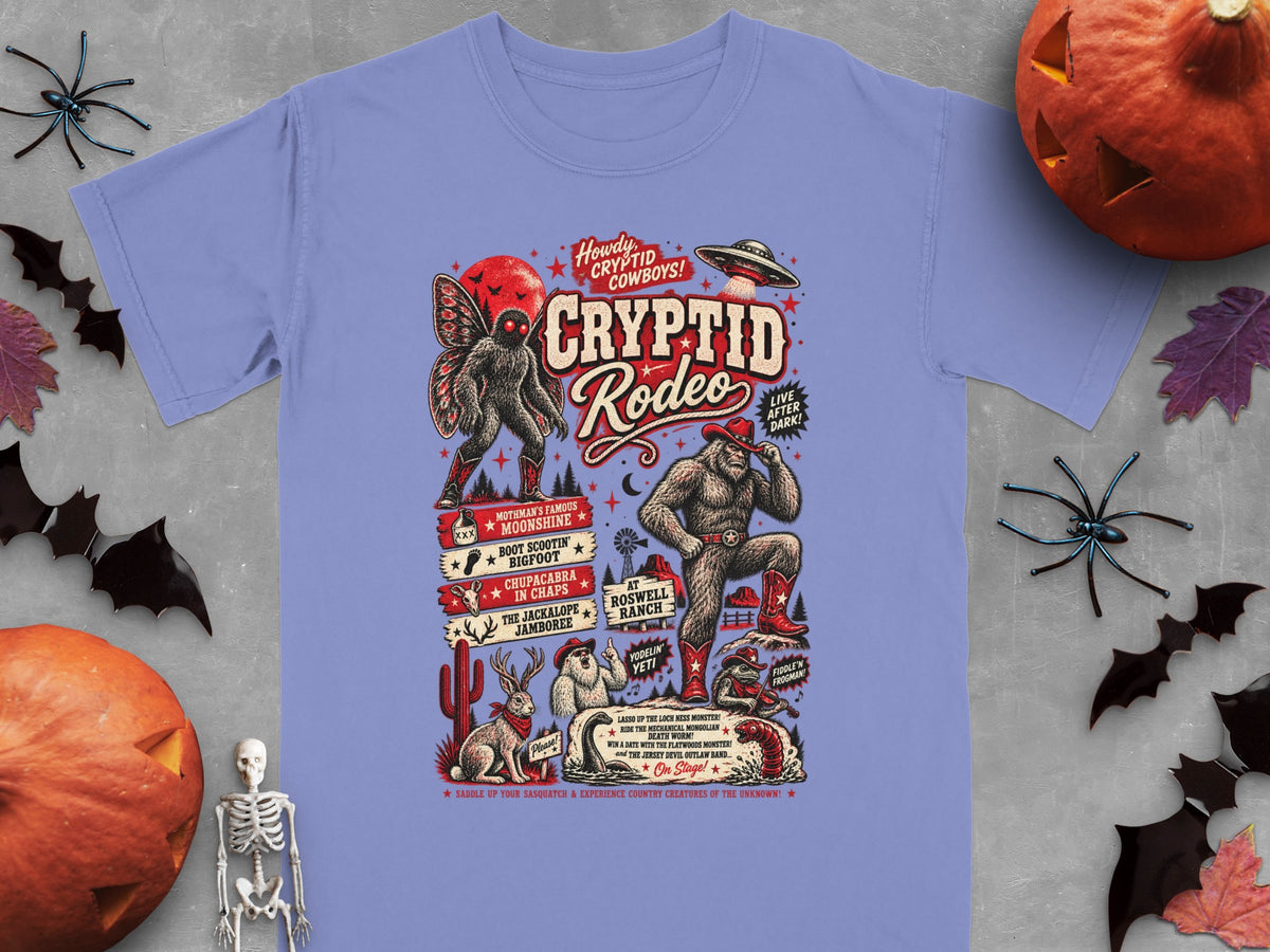 Cryptid Rodeo graphic with Bigfoot, Mothman, Jackalope, and other creatures on a purple shirt.
