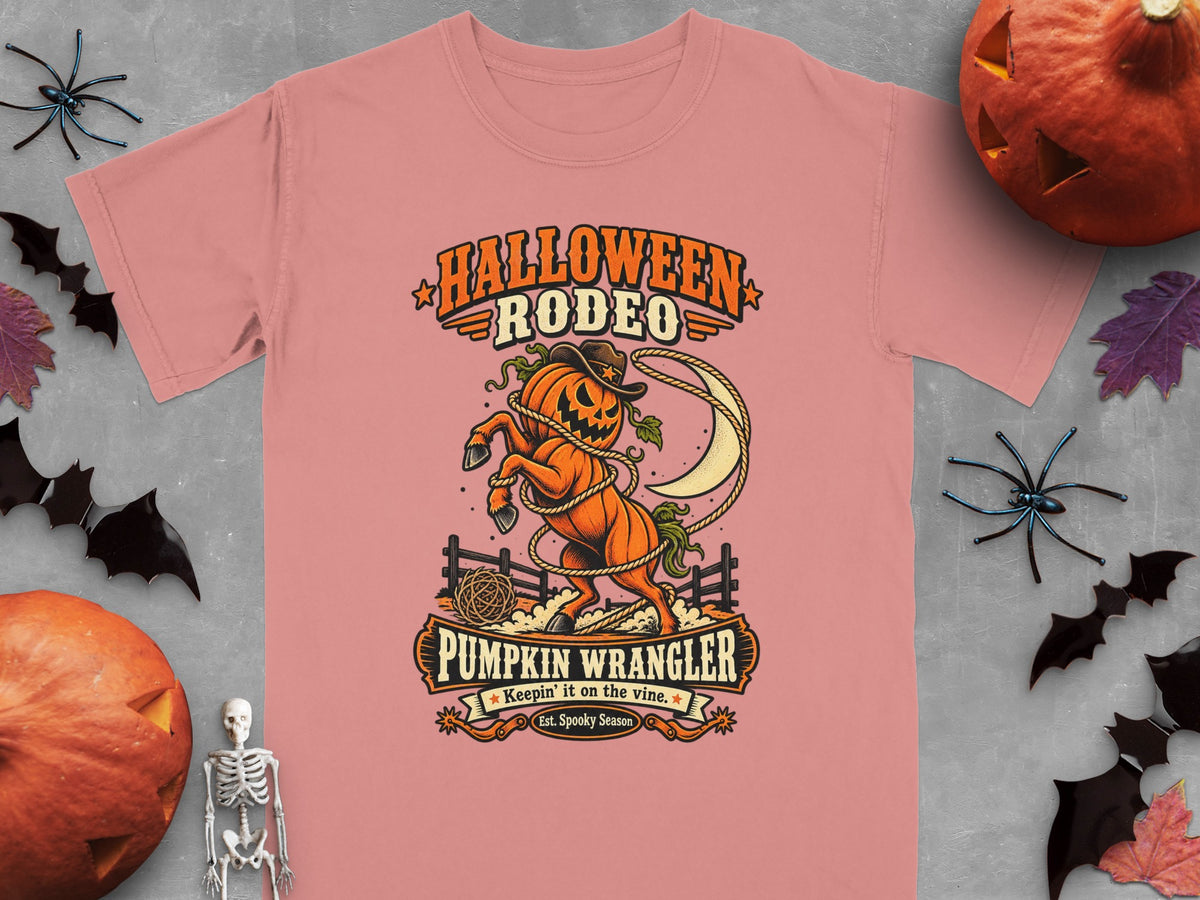 Pink t-shirt with "Halloween Rodeo Pumpkin Wrangler" graphic of a pumpkin horse.