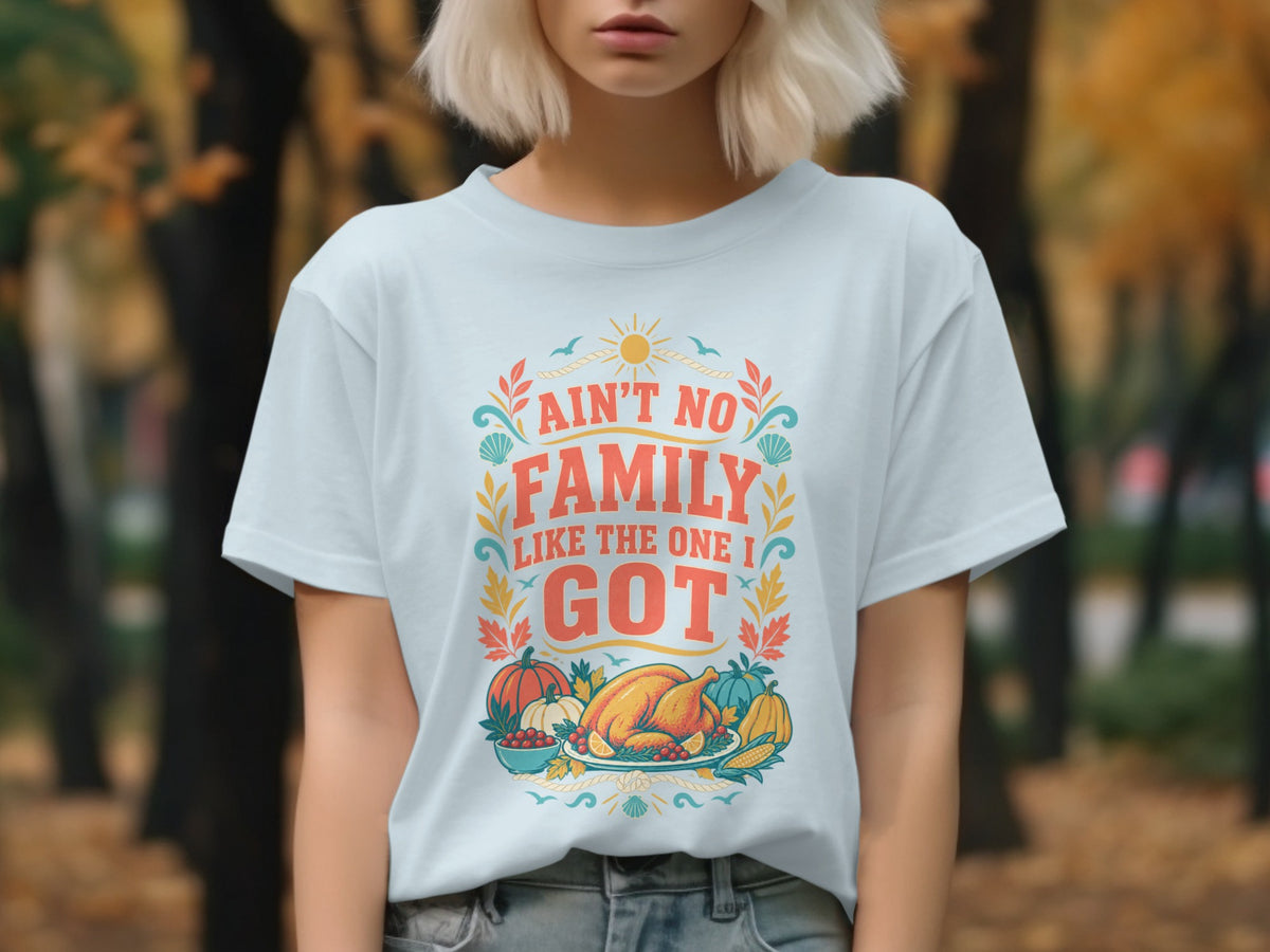 Light blue t-shirt with "Ain't No Family Like The One I Got" text and Thanksgiving graphics.