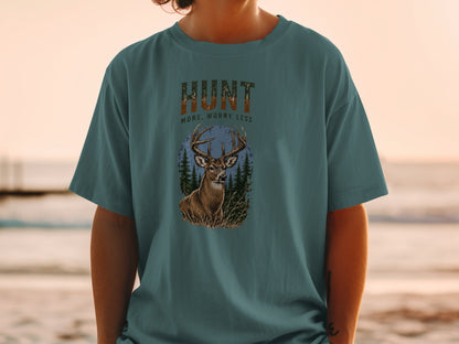 Deer graphic t-shirt with "Hunt More, Worry Less" text.
