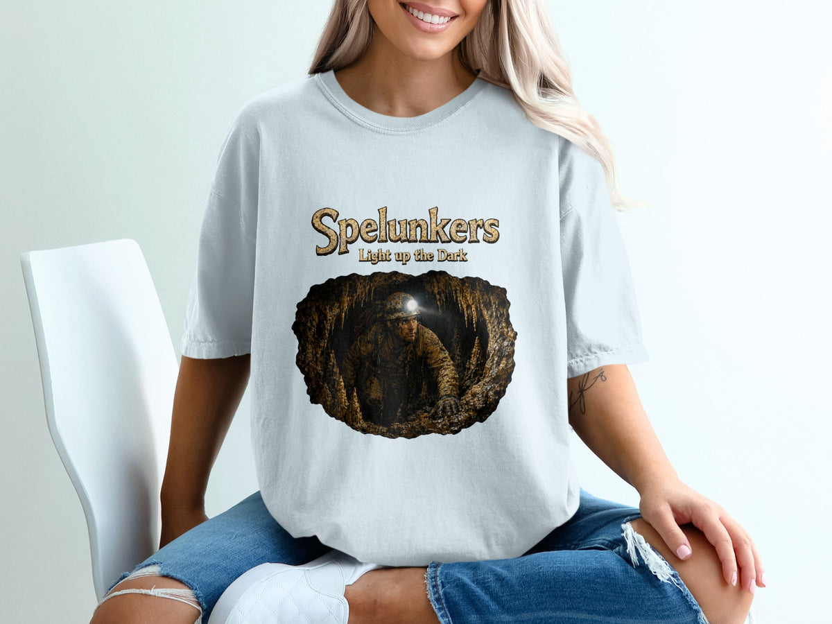 "Spelunkers Light up the Dark" text over a cave scene with a miner.