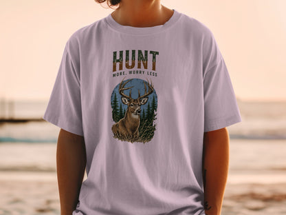 T-shirt with deer graphic and text "HUNT MORE, WORRY LESS."