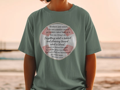 T-shirt with Philippians 3:13-14 scripture within a life preserver design.