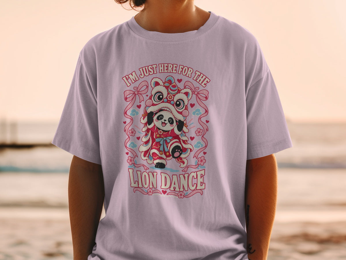 T-shirt with panda in lion dance costume and text "I'm Just Here For The Lion Dance".