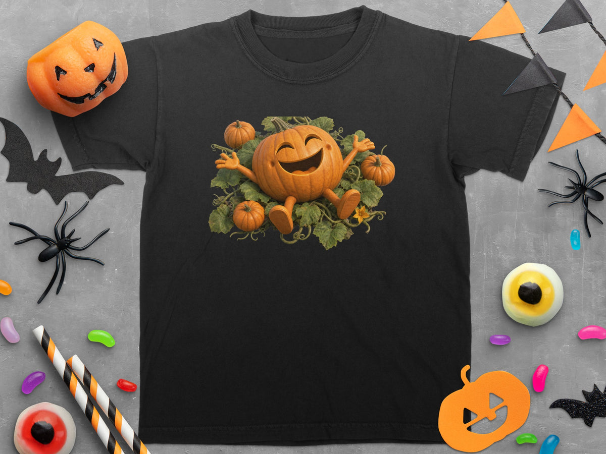 Black t-shirt with a smiling cartoon pumpkin surrounded by smaller pumpkins and vines.